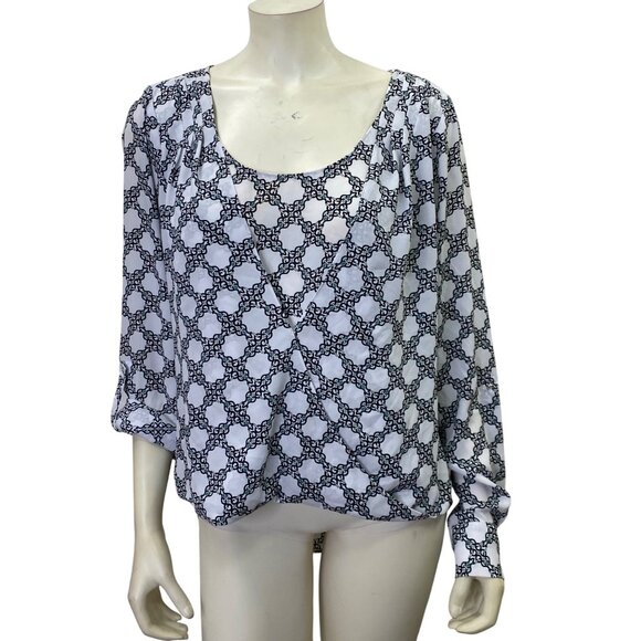 White House Black Market Geometric Pattern Blouse With Button Cuffs 14 - Picture 1 of 7